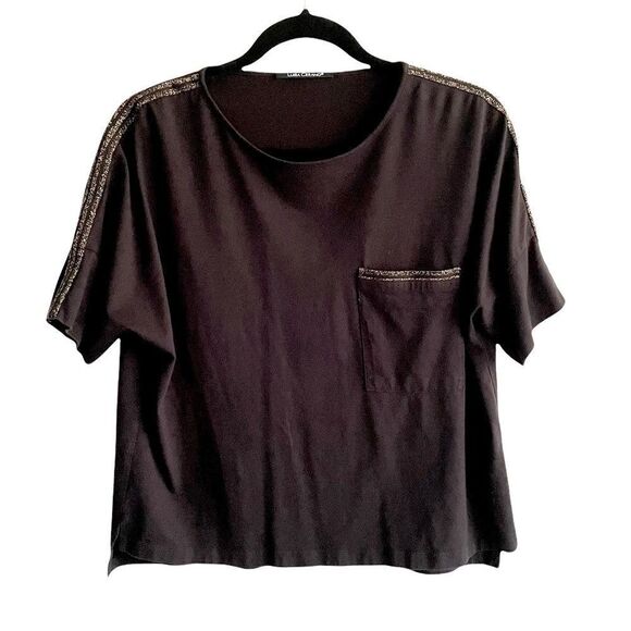 LUISA CERANO Cotton Modal Short Sleeve T-Shirt Top Black With Gold 8 - Picture 1 of 4
